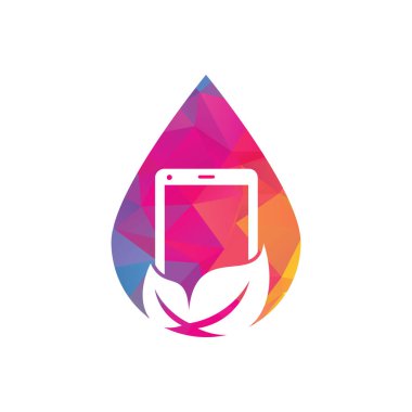 Doğa telefonu damla konsept vektör logo şablonu. Yaprak işareti logosuna sahip cep telefonu.