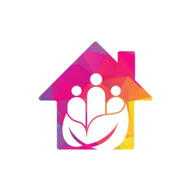 Yaprak insanlar ev şekilli konsept logo tasarım vektörü. Yeşil topluluk vektör logosu şablonu