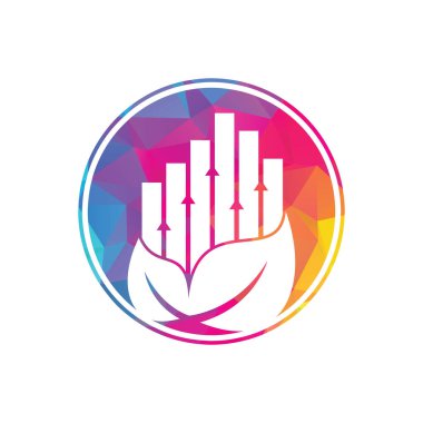 Finans yaprağı logo şablonu. Doğa istatistik logo ikonu vektörü. Yükselen bar ve yaprak logosu konseptine sahip yatırım işi