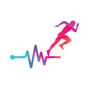 Nabız maratonu logo tasarım ikonu vektörü. Vücut Sağlığı Logosu Tasarımı. Satırı olan çalışan adam EKG kalp atışı simgesi.