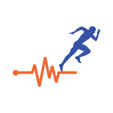Nabız maratonu logo tasarım ikonu vektörü. Vücut Sağlığı Logosu Tasarımı. Satırı olan çalışan adam EKG kalp atışı simgesi.