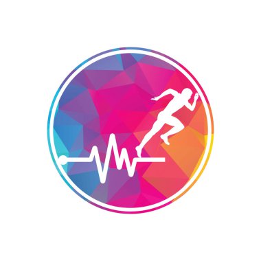 Nabız maratonu logo tasarım ikonu vektörü. Vücut Sağlığı Logosu Tasarımı. Satırı olan çalışan adam EKG kalp atışı simgesi.