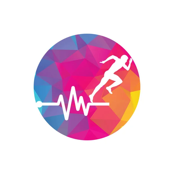 脉动马拉松标志设计图标矢量 身体保健标志设计 跑步男子与线卵形心跳图标 — 图库矢量图片