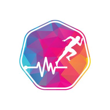 Nabız maratonu logo tasarım ikonu vektörü. Vücut Sağlığı Logosu Tasarımı. Satırı olan çalışan adam EKG kalp atışı simgesi.