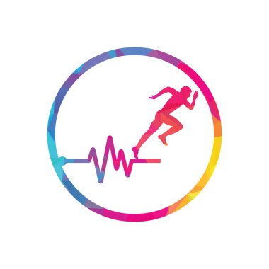 Nabız maratonu logo tasarım ikonu vektörü. Vücut Sağlığı Logosu Tasarımı. Satırı olan çalışan adam EKG kalp atışı simgesi.