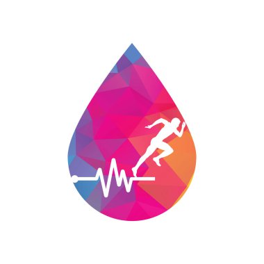 Nabız maratonu konsept logo tasarım ikonu vektörü. Vücut Sağlığı Logosu Tasarımı. Satırı olan çalışan adam EKG kalp atışı simgesi.