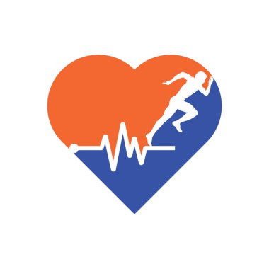 Nabız maratonu kalp şekli konsept logo tasarım ikonu vektörü. Vücut Sağlığı Logosu Tasarımı. Satırı olan çalışan adam EKG kalp atışı simgesi.