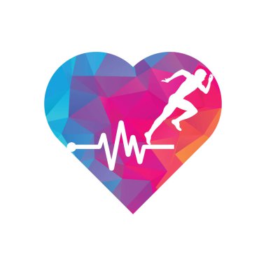 Nabız maratonu kalp şekli konsept logo tasarım ikonu vektörü. Vücut Sağlığı Logosu Tasarımı. Satırı olan çalışan adam EKG kalp atışı simgesi.