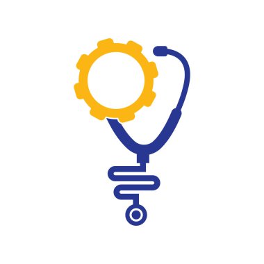 Vites Tıbbi Logo Şablonu Tasarım Vektörü. Stetoskop Çarkı Mekanizması Simge Vektörü.