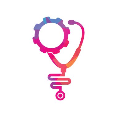 Vites Tıbbi Logo Şablonu Tasarım Vektörü. Stetoskop Çarkı Mekanizması Simge Vektörü.