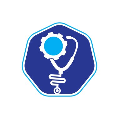 Vites Tıbbi Logo Şablonu Tasarım Vektörü. Stetoskop Çarkı Mekanizması Simge Vektörü.
