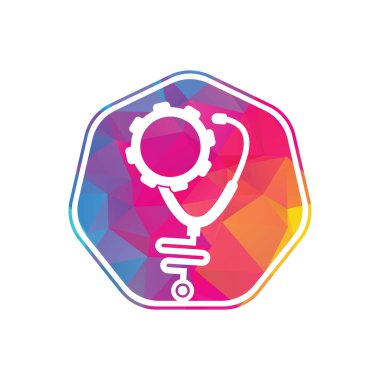 Vites Tıbbi Logo Şablonu Tasarım Vektörü. Stetoskop Çarkı Mekanizması Simge Vektörü.