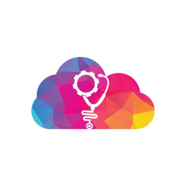 Vites Medikal Bulut Şekli Logo Şablon Tasarım Vektörü. Stetoskop Çarkı Mekanizması Simge Vektörü.