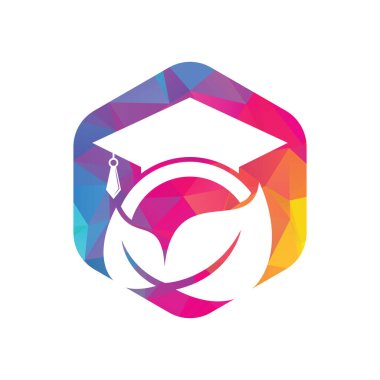 Doğal öğrenci vektör logosu şablonu. Mezuniyet şapkası logo şablonu vektör simgesi tasarımlı yaprak.