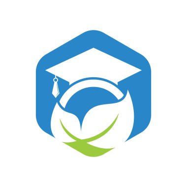 Doğal öğrenci vektör logosu şablonu. Mezuniyet şapkası logo şablonu vektör simgesi tasarımlı yaprak.