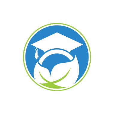 Doğal öğrenci vektör logosu şablonu. Mezuniyet şapkası logo şablonu vektör simgesi tasarımlı yaprak.