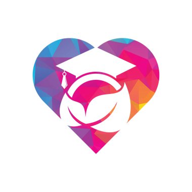 Doğa öğrencisi kalp şekli konsept vektör logosu şablonu. Mezuniyet şapkası logo şablonu vektör simgesi tasarımlı yaprak.