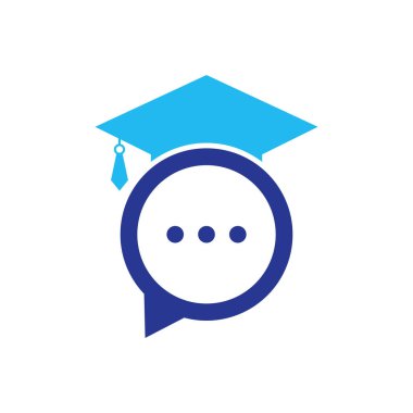 Eğitim dili vektör logosu tasarımı. Sohbet balonu ikon tasarımlı mezuniyet şapkası.