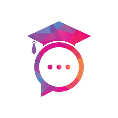 Eğitim dili vektör logosu tasarımı. Sohbet balonu ikon tasarımlı mezuniyet şapkası.