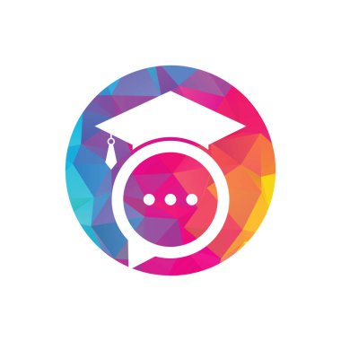 Eğitim dili vektör logosu tasarımı. Sohbet balonu ikon tasarımlı mezuniyet şapkası.