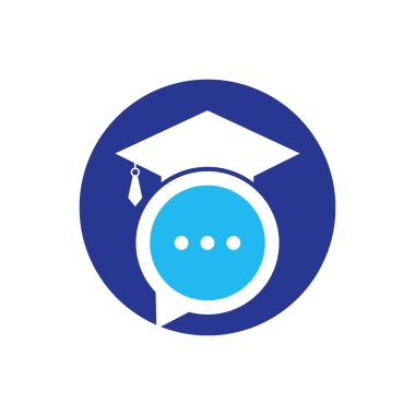 Eğitim dili vektör logosu tasarımı. Sohbet balonu ikon tasarımlı mezuniyet şapkası.