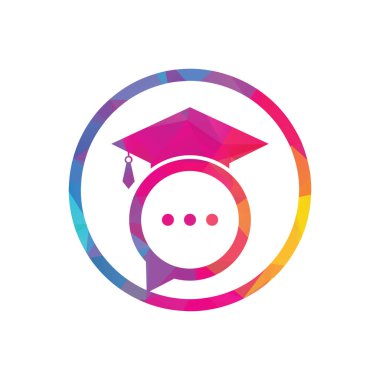 Eğitim dili vektör logosu tasarımı. Sohbet balonu ikon tasarımlı mezuniyet şapkası.