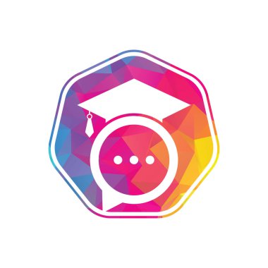 Eğitim dili vektör logosu tasarımı. Sohbet balonu ikon tasarımlı mezuniyet şapkası.