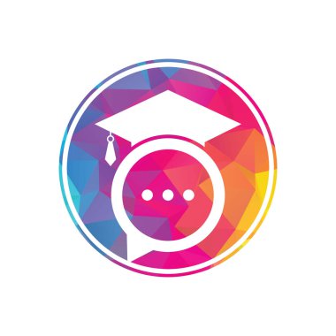 Eğitim dili vektör logosu tasarımı. Sohbet balonu ikon tasarımlı mezuniyet şapkası.