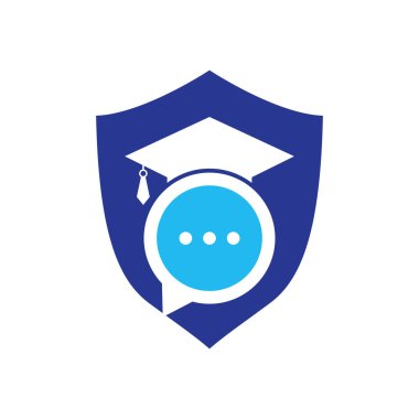 Eğitim dili vektör logosu tasarımı. Sohbet balonu ikon tasarımlı mezuniyet şapkası.