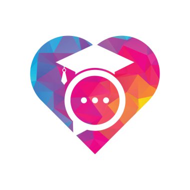 Eğitim kalp şeklindeki konsept vektör logosu tasarımını konuşur. Sohbet balonu ikon tasarımlı mezuniyet şapkası.