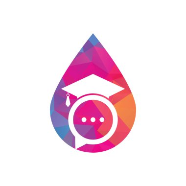 Eğitim konuşması konsept vektör logosu tasarımı. Sohbet balonu ikon tasarımlı mezuniyet şapkası.