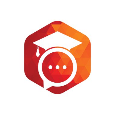 Eğitim dili vektör logosu tasarımı. Sohbet balonu ikon tasarımlı mezuniyet şapkası.