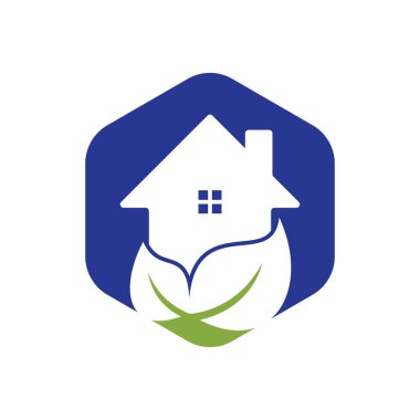 Ev yaprağı vektör logosu tasarımı. Yeşil yapraklı vektör logosuna sahip taze ev simgesi