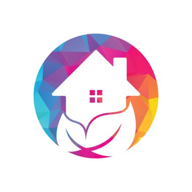 Ev yaprağı vektör logosu tasarımı. Yeşil yapraklı vektör logosuna sahip taze ev simgesi