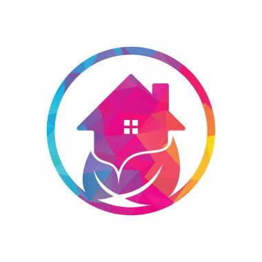 Ev yaprağı vektör logosu tasarımı. Yeşil yapraklı vektör logosuna sahip taze ev simgesi