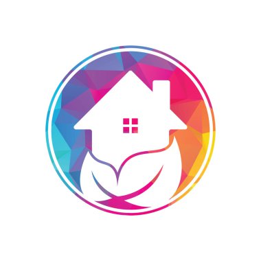 Ev yaprağı vektör logosu tasarımı. Yeşil yapraklı vektör logosuna sahip taze ev simgesi