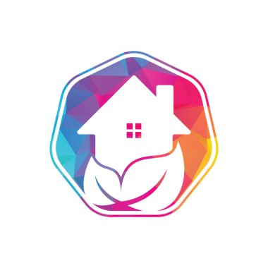 Ev yaprağı vektör logosu tasarımı. Yeşil yapraklı vektör logosuna sahip taze ev simgesi