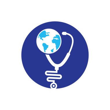 Küre işareti ve steteskop doktor vektör logosu. Stetoskop logo tasarım vektörü. Dünya Tıbbi Logo Şablonu Tasarımı.