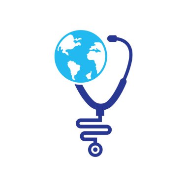 Küre işareti ve steteskop doktor vektör logosu. Stetoskop logo tasarım vektörü. Dünya Tıbbi Logo Şablonu Tasarımı.