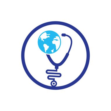 Küre işareti ve steteskop doktor vektör logosu. Stetoskop logo tasarım vektörü. Dünya Tıbbi Logo Şablonu Tasarımı.