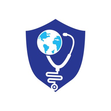 Küre işareti ve steteskop doktor vektör logosu. Stetoskop logo tasarım vektörü. Dünya Tıbbi Logo Şablonu Tasarımı.