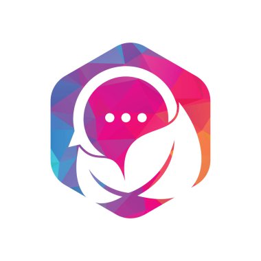 Yaprak sohbet logo tasarım vektörü. Doğa yaprağı sohbet logosu tasarımı. Eko Forumu veya Topluluk Logosu Şablonu, Simge, Sembol