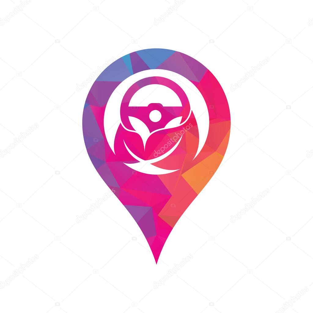 Eco steering wheel vector logo design. Steering wheel and map pin shape symbol or icon.