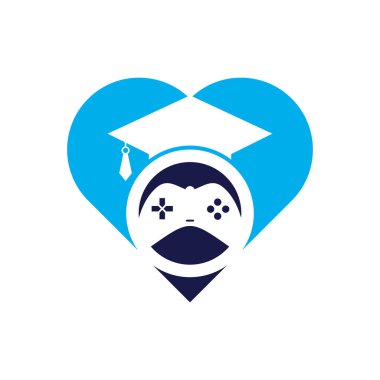 Oyun eğitimi kalp şekli konsept vektör logosu tasarımı. Mezuniyet simgesi tasarımlı oyun konsolu.