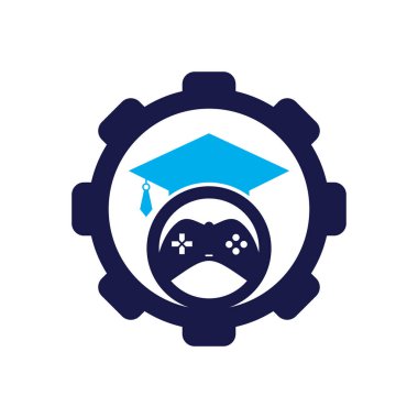 Oyun eğitimi vites şekilli konsept vektör logosu tasarımı. Mezuniyet simgesi tasarımlı oyun konsolu.