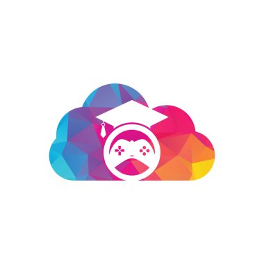 Oyun eğitimi bulutu konsept vektör logosu tasarımı. Mezuniyet simgesi tasarımlı oyun konsolu.