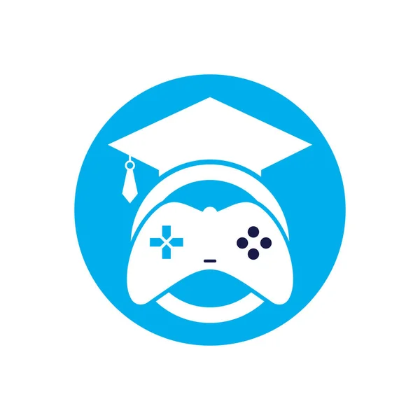 Spel Onderwijs Vector Logo Ontwerp Game Console Met Graduatie Cap — Stockvector
