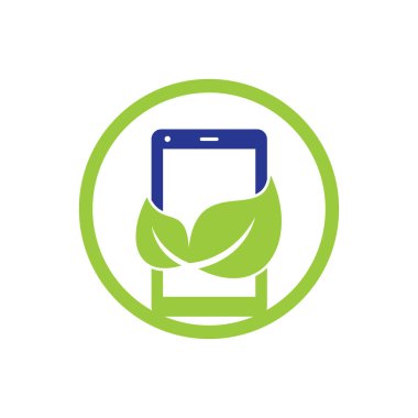 Doğal telefon vektör logosu şablonu. Yaprak işareti logosuna sahip cep telefonu.