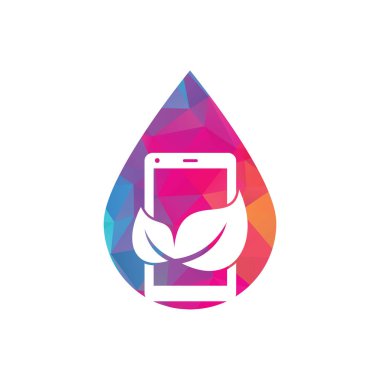 Doğa telefonu damla konsept vektör logo şablonu. Yaprak işareti logosuna sahip cep telefonu.