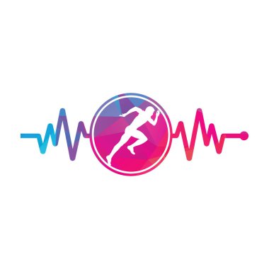 Nabız maratonu logo tasarım ikonu vektörü. Vücut Sağlığı Logosu Tasarımı. Satırı olan çalışan adam EKG kalp atışı simgesi.
